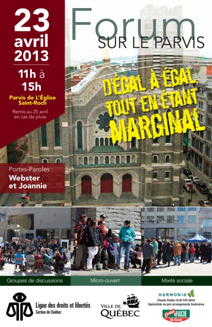 affiche : D'égal à égal, tout en étant marginal. Photo du devant de l'Église St-Roch et trois photos des rassemblements des éditions passées.