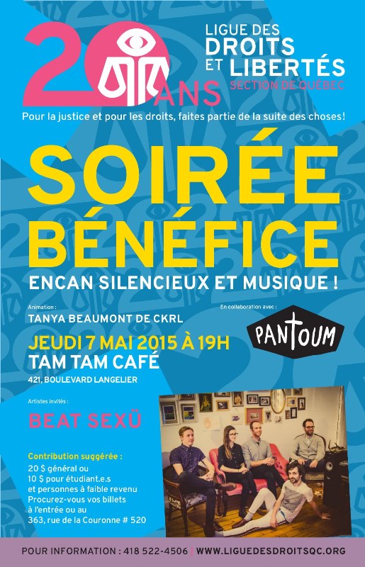 Affiche : sur fond bleu rayé, 20 ans de la section Québec - Soirée bénéfice - Encan silencieux et musique !