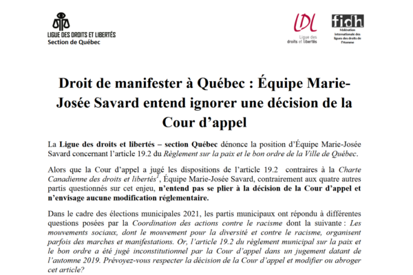 Droit de manifester à Québec : Équipe Marie- Josée Savard entend ignorer une décision de la Cour d’appel